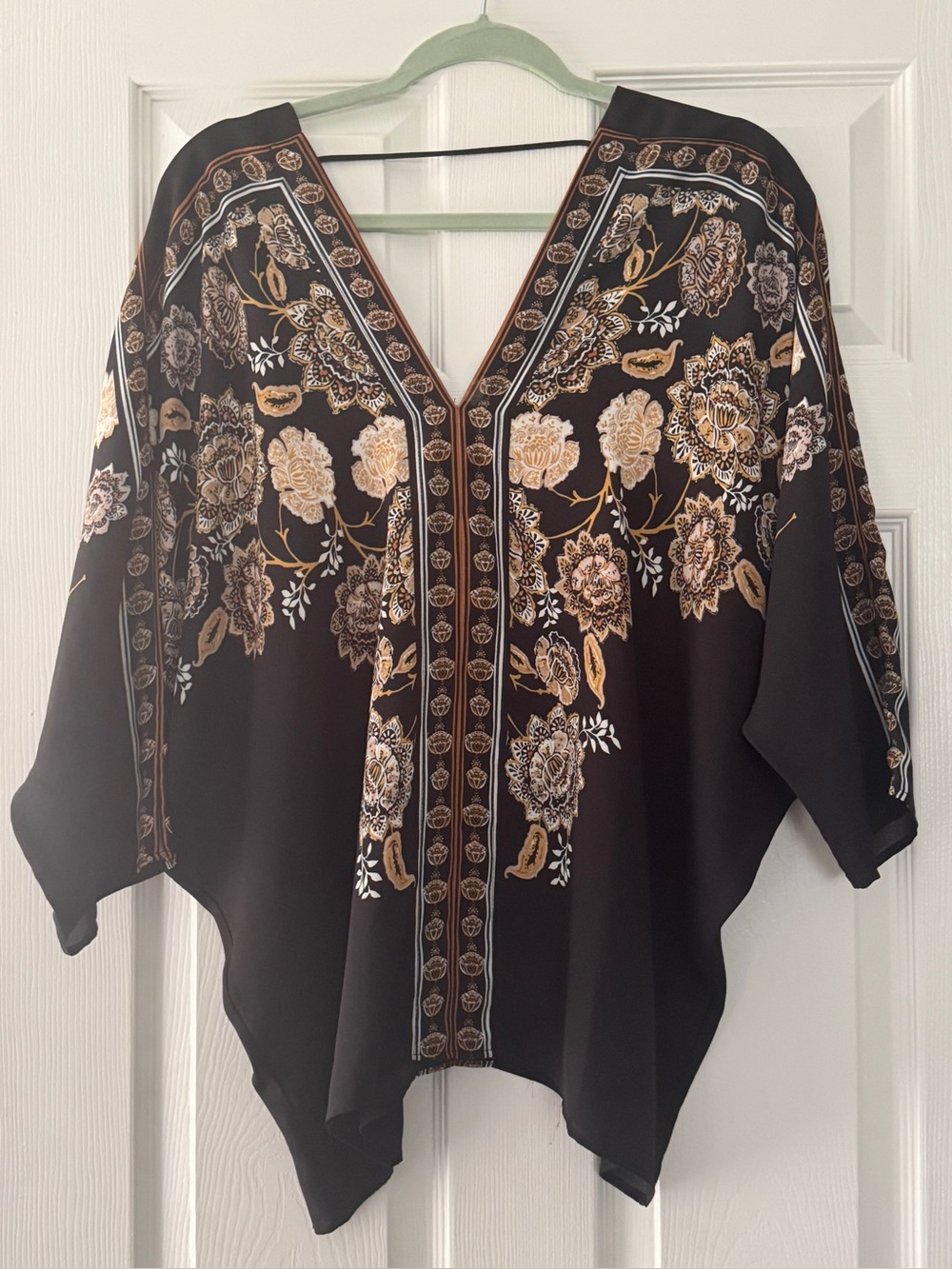 Rose & Olive Black Floral V-Neck Tunic with Gold and Cream Embroidery